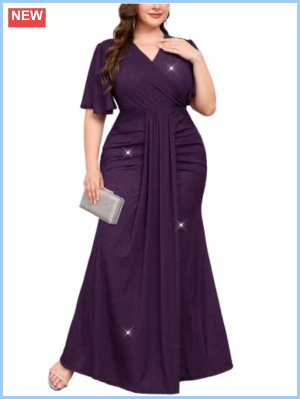 Plus Size Formal Evening Dress Sparkly V Neck Wrap Ruched Ruffle Sleeve Maxi